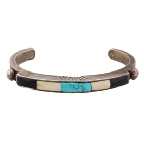 Cortez C. Navajo Sterling Onyx Turquoise Shell Inlay Cuff Bracelet