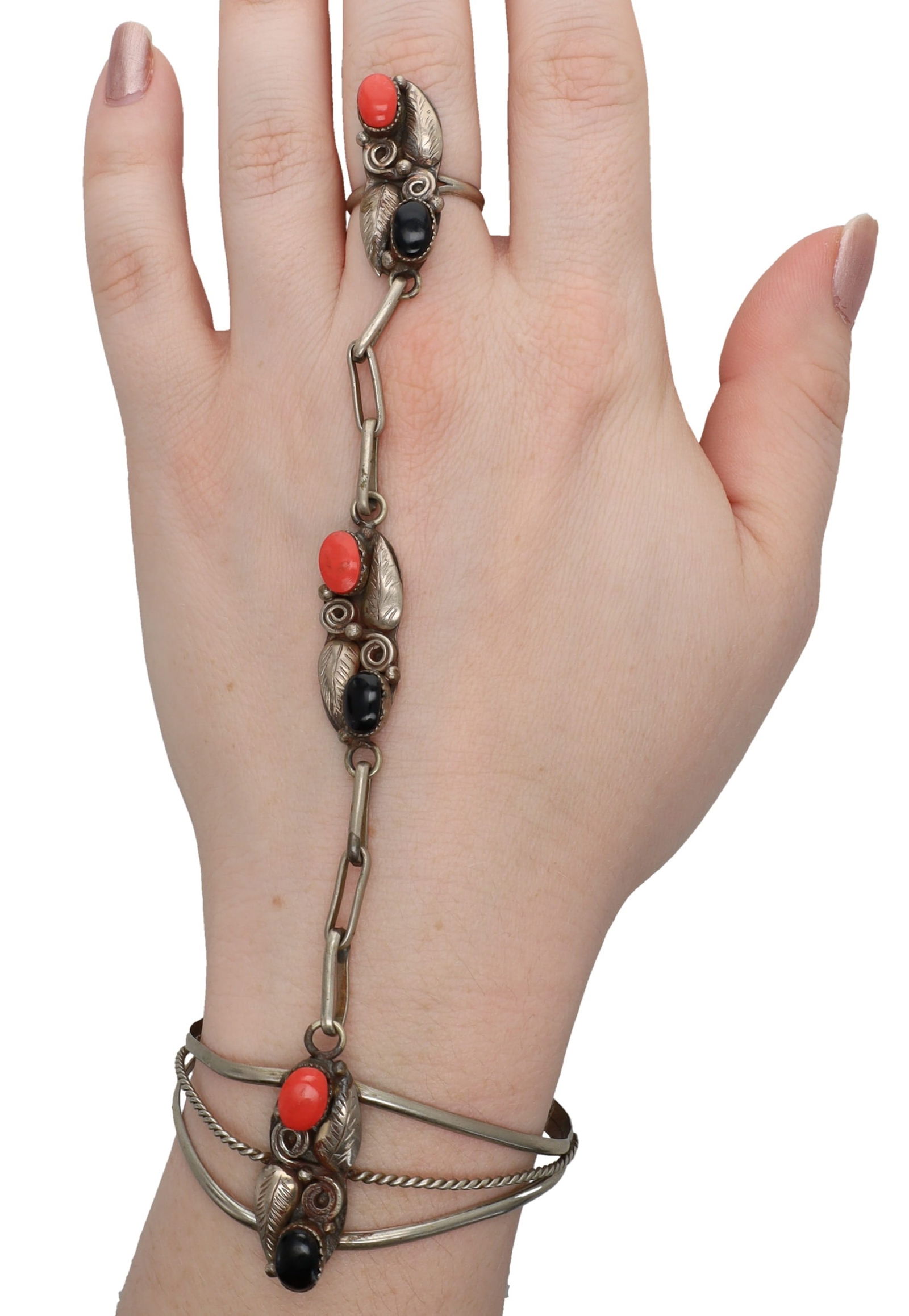 Vintage Navajo Coral Onyx Sterling Slave Bracelet Ring Sz 7 (1 of 9)