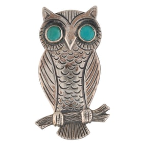 Vintage Navajo Turquoise Sterling Perched Owl Brooch