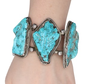 Leekya Deyuse? Zuni Turquoise Carved Leaf Sterling Cuff Bracelet