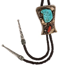 Justin Morris Navajo Turquoise Coral 12K Gold Fill Bolo Tie