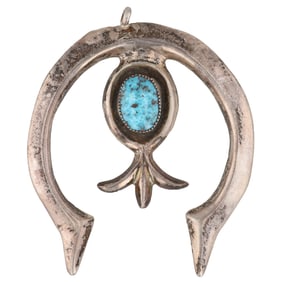 Vintage Navajo Morenci Turquoise Sandcast Sterling Naja Pendant