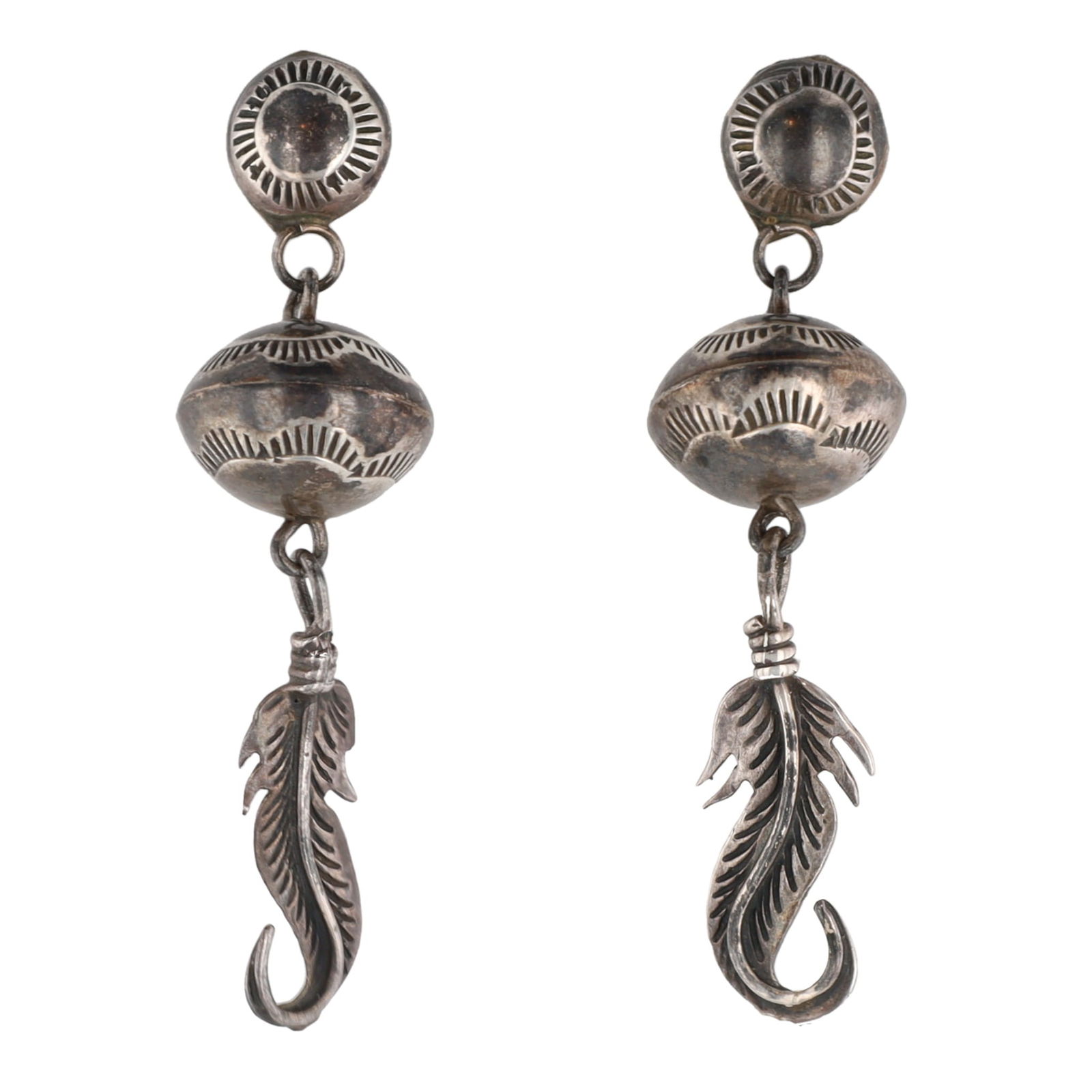 Vintage Navajo Sterling Stamped Bead Feather Earrings (1 of 3)