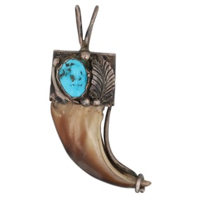 Vintage Navajo Turquoise Sterling Bear Claw Pendant
