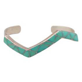Sibert & Janita Kallestewa Zuni Turquoise Fish Scale Inlay Sterling Cuff Bracelet