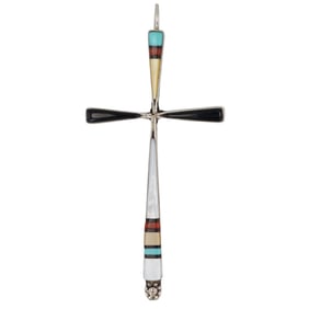 Sylvester Noche Zuni Inlay Sterling Cross Pendant