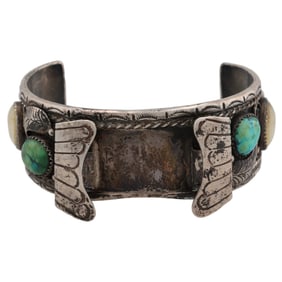 Signed KT Navajo Turquoise Sterling Watch Cuff Bracelet
