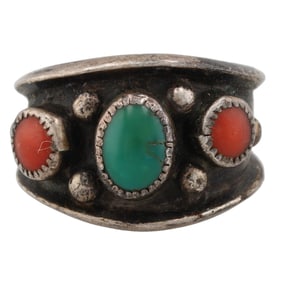 Vintage Navajo Turquoise Coral Sterling Ring Sz 8.5