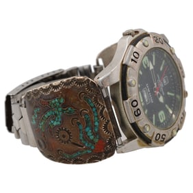 Vintage Navajo Crushed Turquoise Coral Thunderbird Inlay Sterling Watch