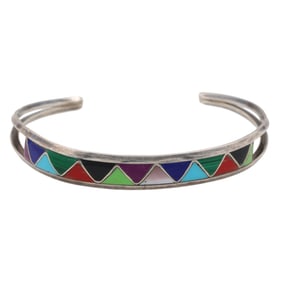 Signed RM Zuni Multistone Inlay Sterling Cuff Bracelet