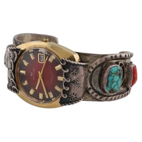 Vintage Navajo Turquoise Coral Sterling Watch Cuff Bracelet