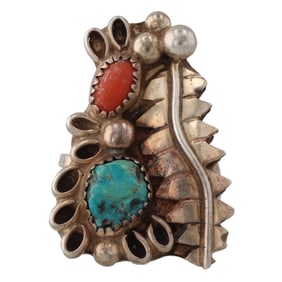 Jefferson James Navajo Turquoise Coral Sterling Ring Sz 7.75