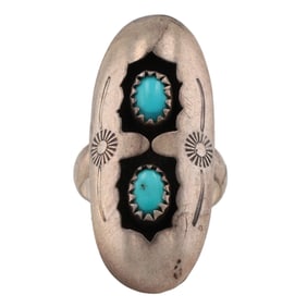 Vintage Navajo Turquoise Sterling Shadow Box Adjustable Ring Sz 5
