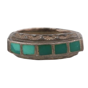 Helen Long Navajo Green Turquoise Inlay Sterling Ring Sz 8.25