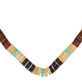 Vintage Santo Domingo Turquoise Coral Heishi Sterling Necklace