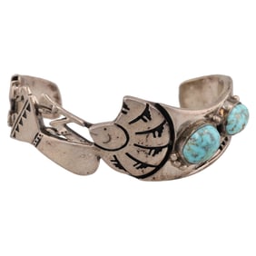 Signed AV Navajo Turquoise Sterling Kokopelli Cuff Bracelet