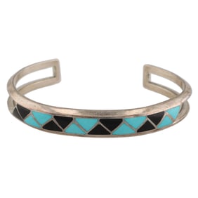 MKL Zuni Turquoise Onyx Inlay Sterling Cuff Bracelet