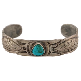 Vintage Navajo Turquoise Sterling Stamped Cuff Bracelet
