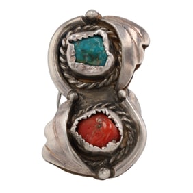 Gilbert Ortega Shop Coral Turquoise Sterling Ring Sz 6.75