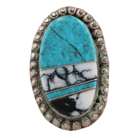 Brandon Etsitty Navajo Kingman & White Buffalo Turquoise Sterling Inlay Ring Sz 7