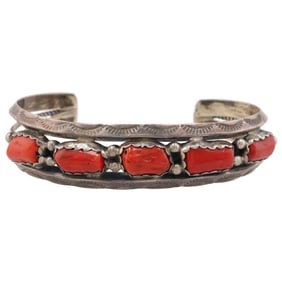 Verma Benally Navajo Coral Sterling Cuff Bracelet