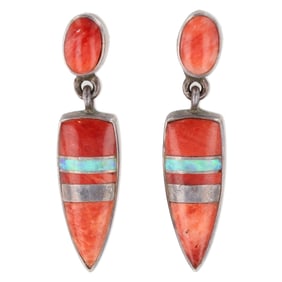 Marie Tsosie Navajo Sterling Opal Spiny Oyster Inlay Earrings