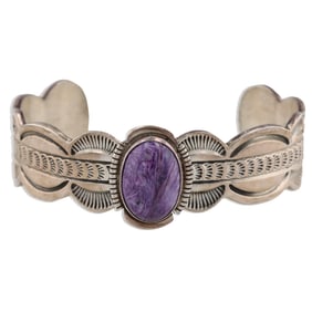 Signed W Sunburst Navajo Charoite Sterling Cuff Bracelet