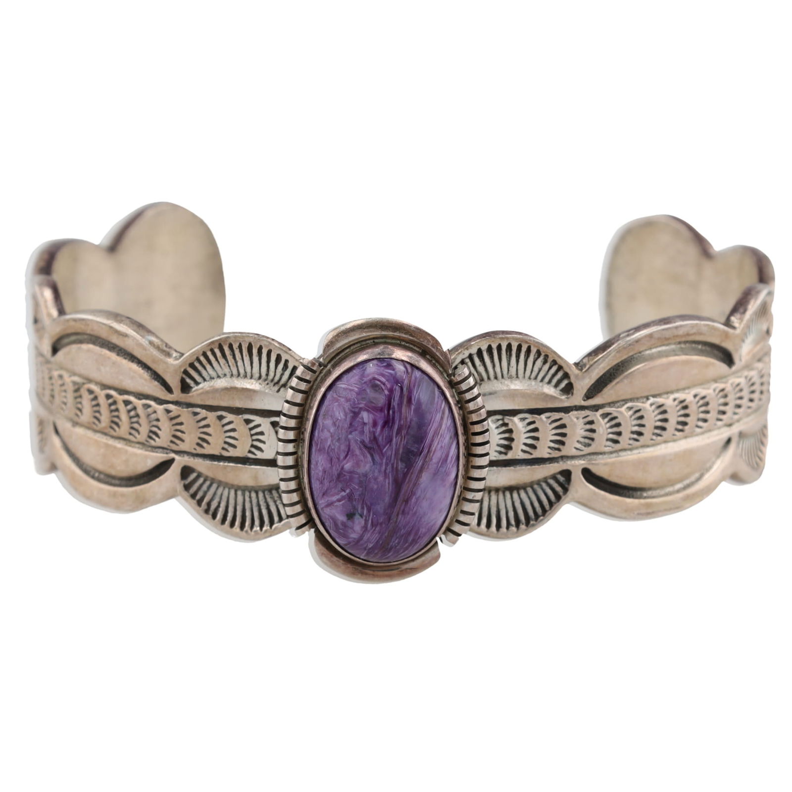 Signed W Sunburst Navajo Charoite Sterling Cuff Bracelet (1 of 7)