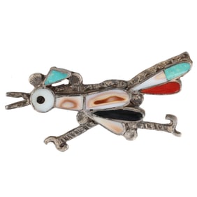 Vintage Zuni Roadrunner Sterling Inlay Brooch