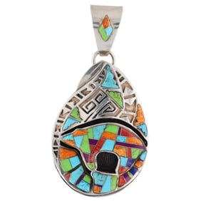 Signed HR Navajo Multi Stone Sterling Shadow Box Bear Pendant
