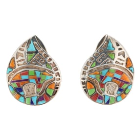 Signed HR Navajo Multi Stone Sterling Inlay Bear Earrings