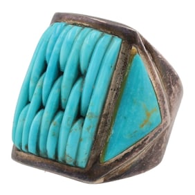 Vintage Navajo Cobblestone Turquoise Sterling Inlay Ring Sz 13