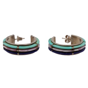Vintage Navajo Turquoise Lapis Raised Inlay Sterling Earrings