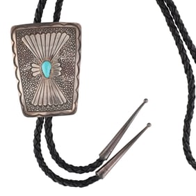 Vintage Navajo Turquoise Sterling Stamped Bolo Tie