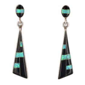 Signed MY Zuni Opal Onyx Sterling Inlay Earrings