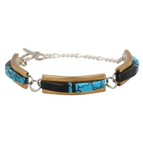 Signed Nez Navajo Raised Inlay Sterling Toggle Clasp Bracelet