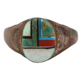 Vintage Navajo Opal Turquoise Coral Sterling Ring Sz 13.75
