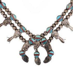 Amazing Vintage Navajo Sterling Inlay Squash Blossom Necklace