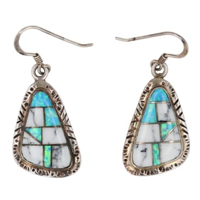 Signed MD Navajo White Buffalo Turquoise Opal Sterling Inlay Earrings