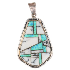 Signed MD Navajo White Buffalo Turquoise Opal Sterling Inlay Pendant
