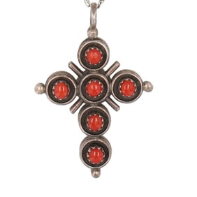 Vintage Navajo Turquoise Coral Sterling Reversible Cross Necklace