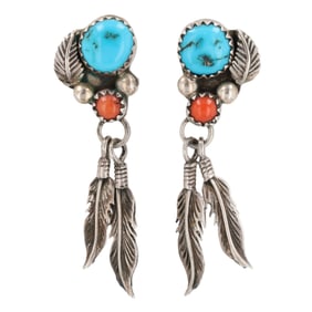 Richard Begay Navajo Coral Turquoise Sterling Feather Earrings