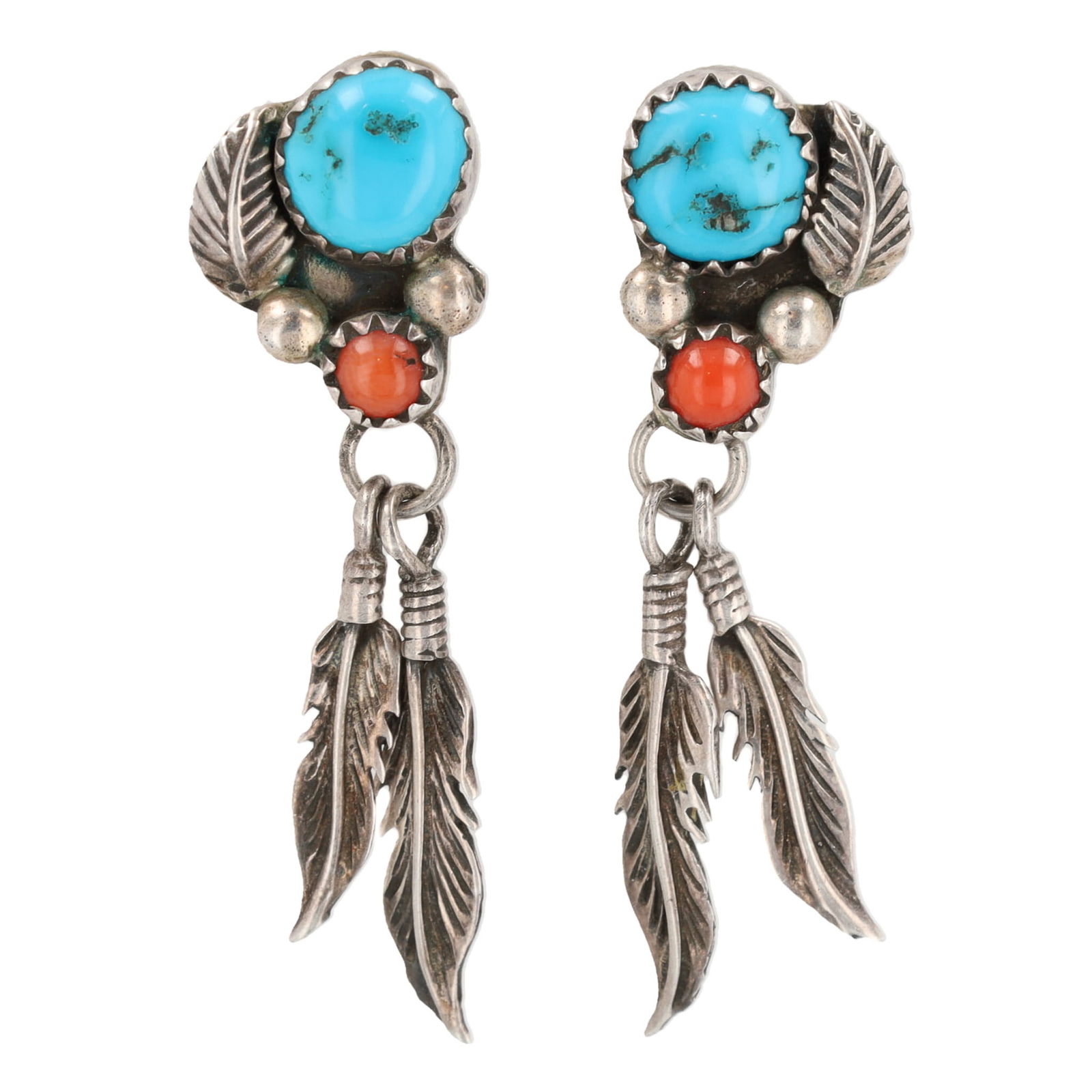 Richard Begay Navajo Coral Turquoise Sterling Feather Earrings (1 of 4)