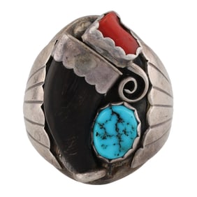 Vintage Navajo Coral Turquoise Bear Claw Sterling Mens Ring Sz 11