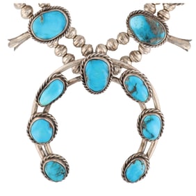 Vintage Navajo Turquoise Sterling Squash Blossom Necklace