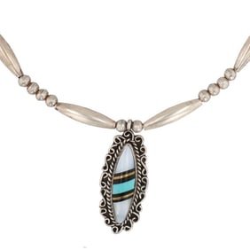 Vintage Navajo Sterling Multistone Inlay Necklace