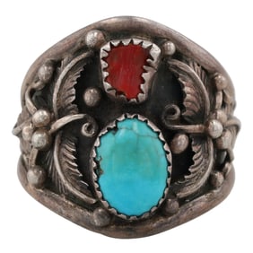Vintage Navajo Turquoise Coral Sterling Ring Sz 12.75