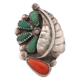 Vintage Navajo Coral Turquoise Sterling Ring Sz 6