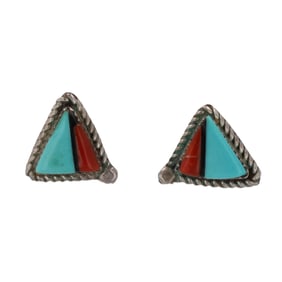 Navajo Turquoise Coral Sterling Inlay Stud Earrings