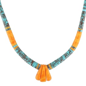 Vintage Santo Domingo Spiny Oyster Turquoise Sterling Heishi Necklace